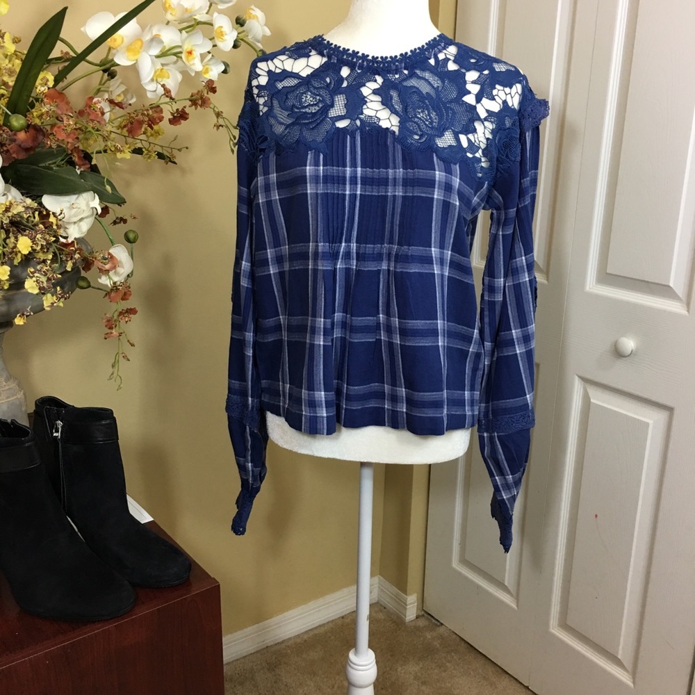 FREE PEOPLE‎ DARLING DIANA BLUE PLAID AND LACE LONG SLEEVE TOP Boho Chic - Picture 2 of 7